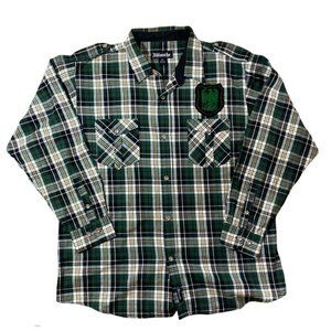 NWOT Ablanche Mens Button Down Green Plaid Velour Graphics on Back Longsleeves